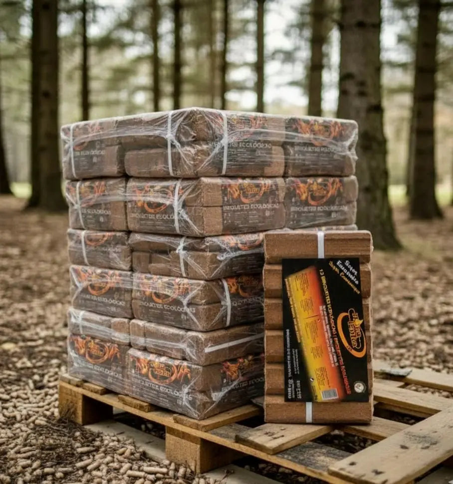Briquetes de madeira compactada 9kg pack | Queima 1-2 horas | Aquecimento sustentável sem aditivos